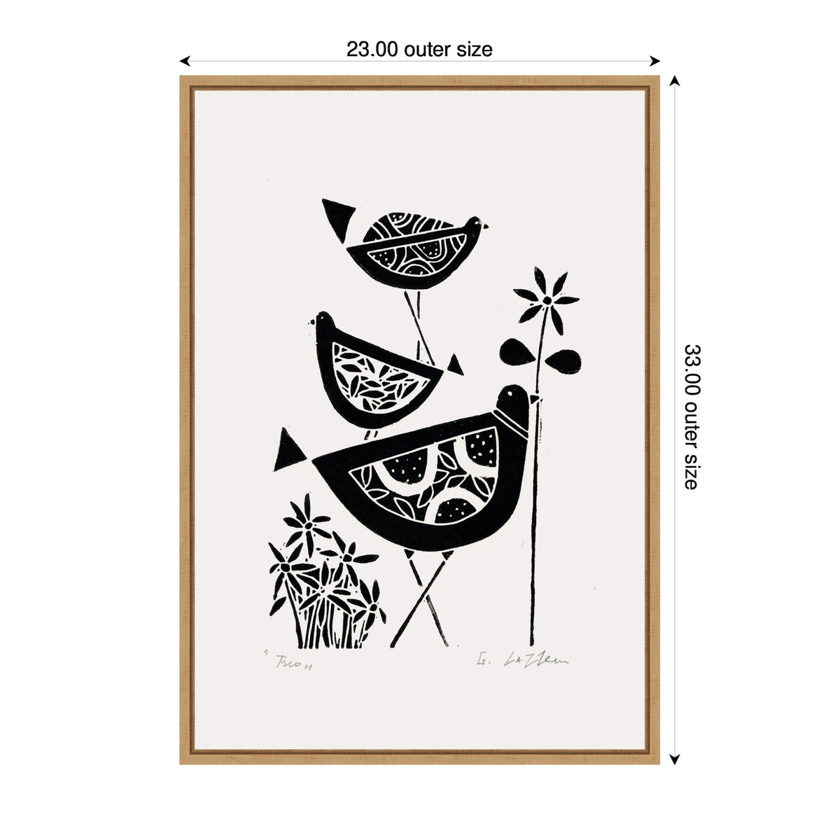 Sylvie Folk Bird Family Trio Linocut Framed Canvas by Giuliana Lazzerini
