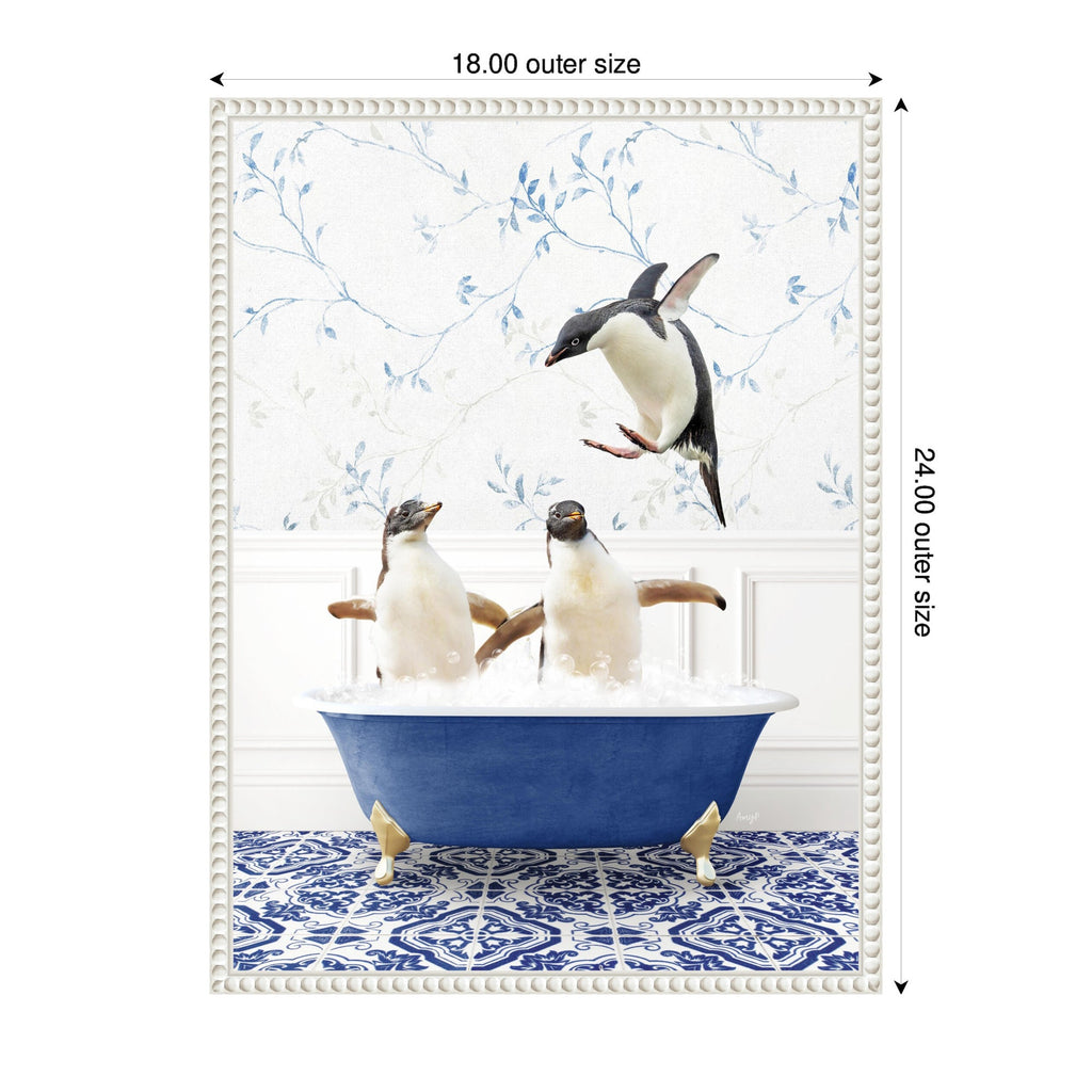 Sylvie Penguins in Eclectic Blue Bath Framed Canvas by Amy Peterson