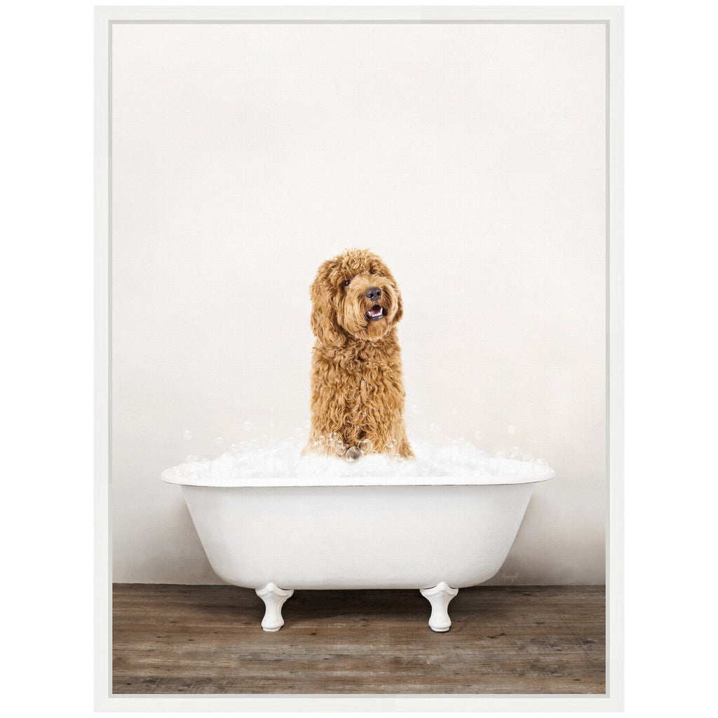 Sylvie Golden Labradoodle in Rustic Bath Style Framed Canvas by Amy Peterson