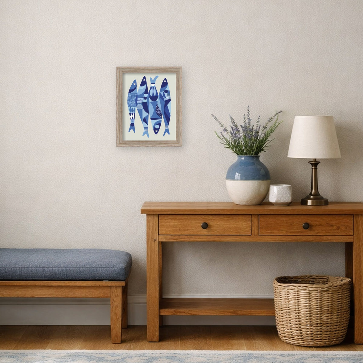 Modern Coastal Sardines Blue by Rachel Lee 3 Birdies Studio Framed Mounted Canvas Wall Art Print