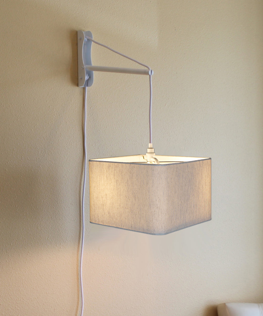 Home Concept MAST Plug-In Wall-Mount Pendant Light, 2-Light White Cord/Arm with Diffuser, Rounded Corner Square Oatmeal Drum Shade 14"W