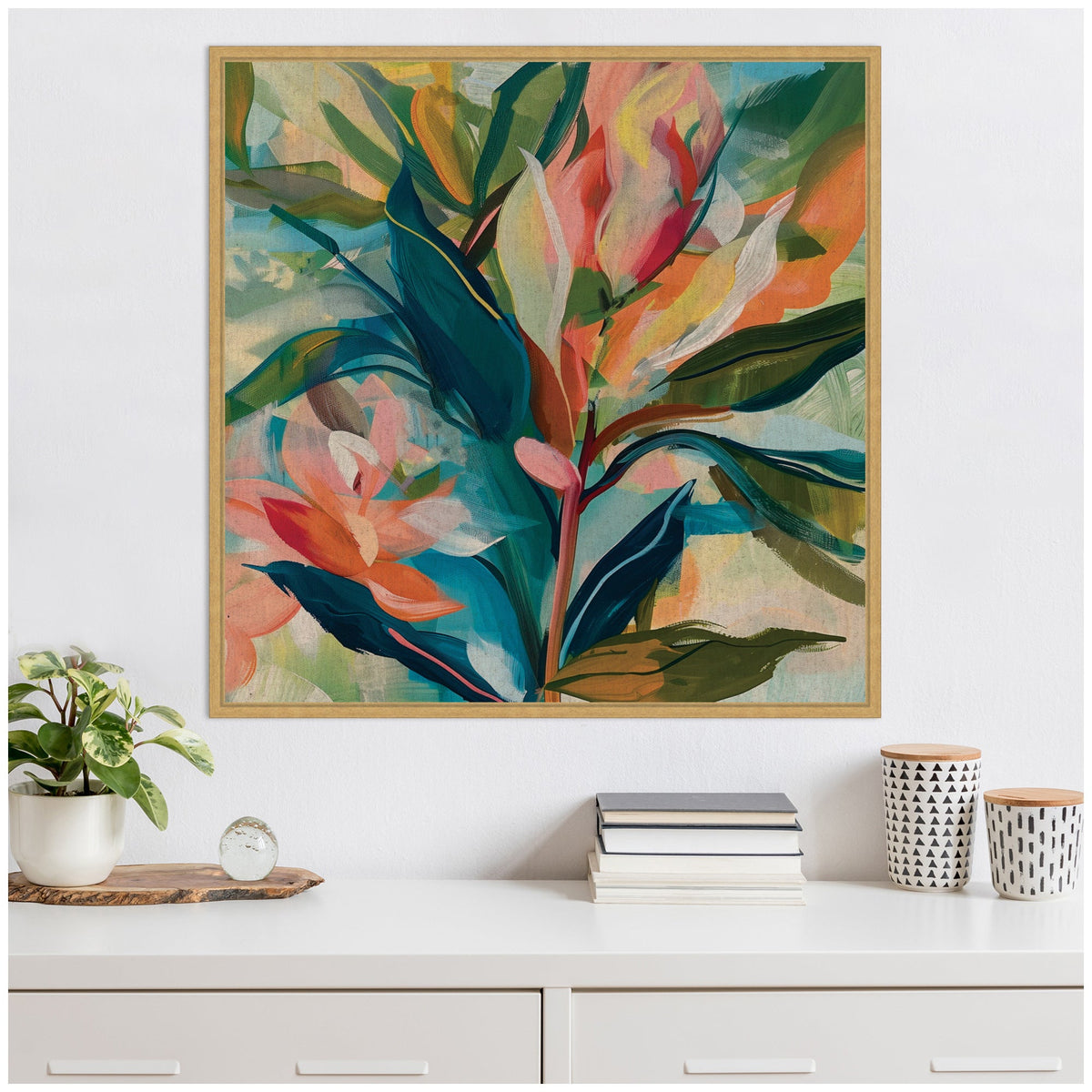Sylvie Colorful Tropic Botanical Abstract Neutral Linen Framed Canvas by The Creative Bunch Studio