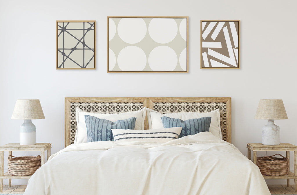Sylvie Elevated Modern Neutral Dots, Neutral Pattern No 2 and Neutral Stained Glass Framed Canvas Set of 3 by The Creative Bunch Studio