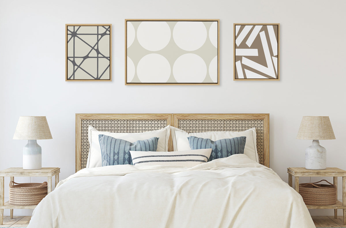 Sylvie Elevated Modern Neutral Dots, Neutral Pattern No 2 and Neutral Stained Glass Framed Canvas Set of 3 by The Creative Bunch Studio