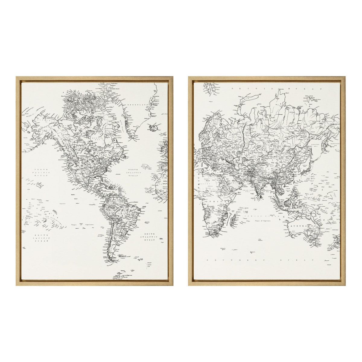 Sylvie Black and White Modern Retro World Map Framed Canvas Set of 2 by The Creative Bunch Studio