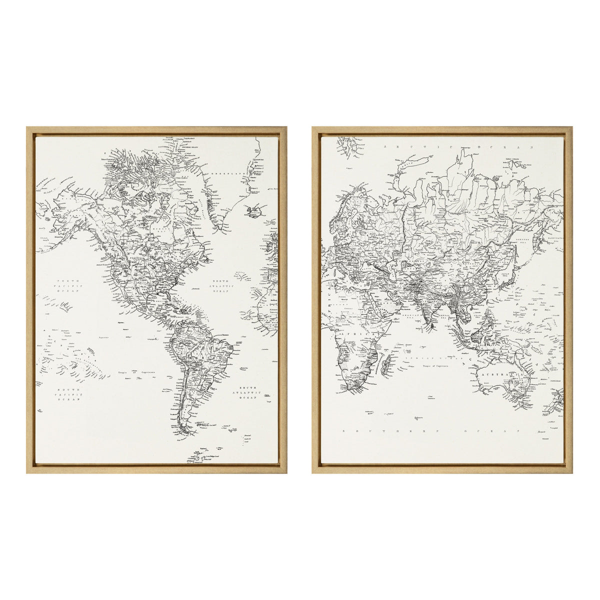 Sylvie Black and White Modern Retro World Map Framed Canvas Set of 2 by The Creative Bunch Studio