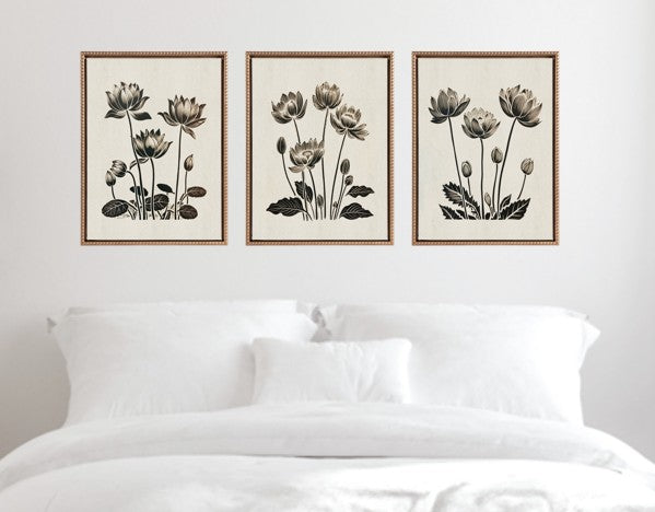 Sylvie Simple Modern Linocut Neutral Lotus Flowers Framed Canvas Art Set by The Creative Bunch Studio