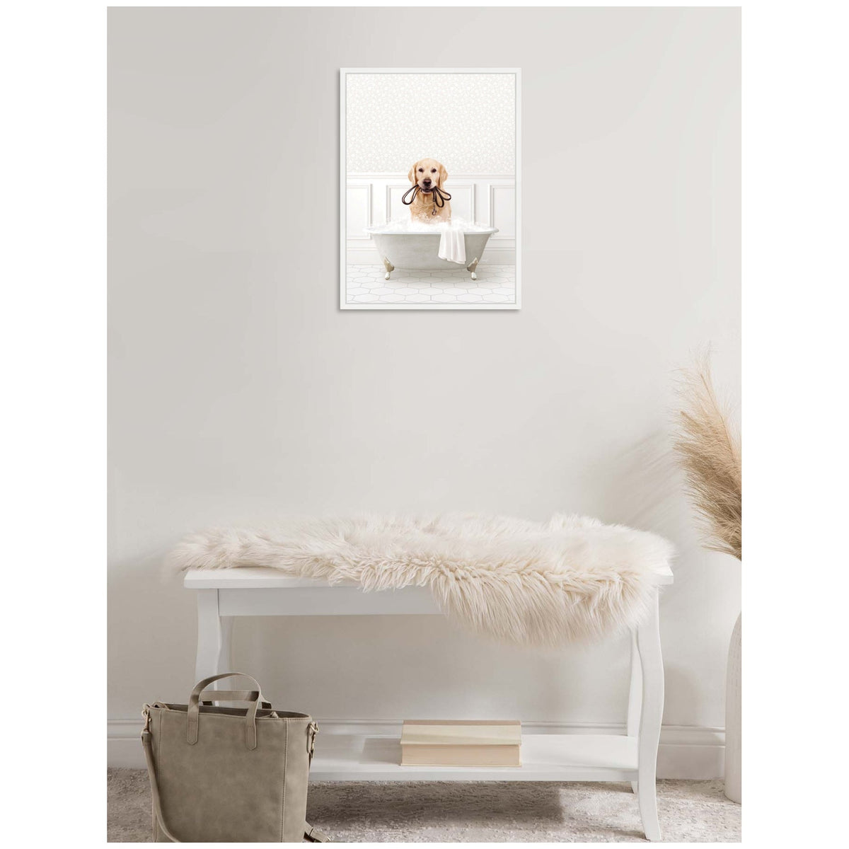 Sylvie Golden Retriever in White Bath Framed Canvas by Amy Peterson