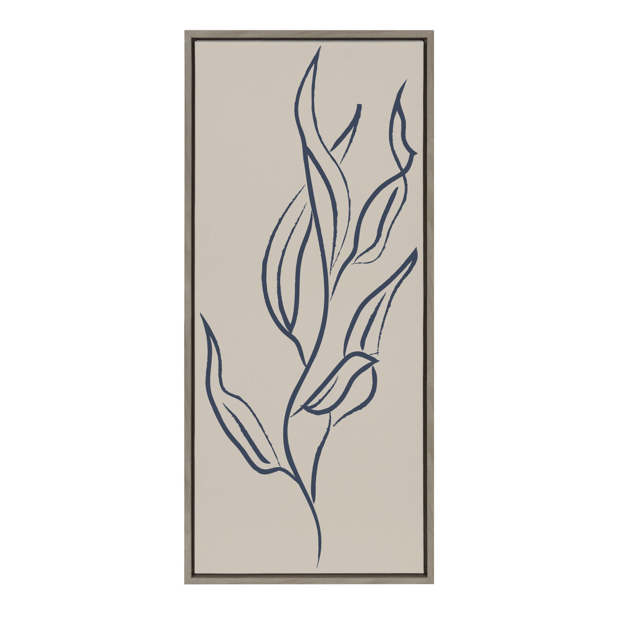 Sylvie Muted Illustrated Botanical Dark Blue and Tan Framed Canvas by The Creative Bunch Studio