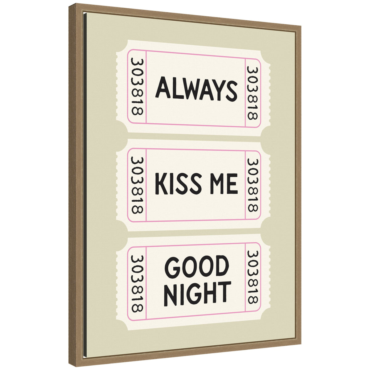 Above Bed Decor, Always Kiss Me Goodnight Ticket Print, Sage Green Wall Art Retro Poster by Lucky Guava Framed Canvas Wall Art Print
