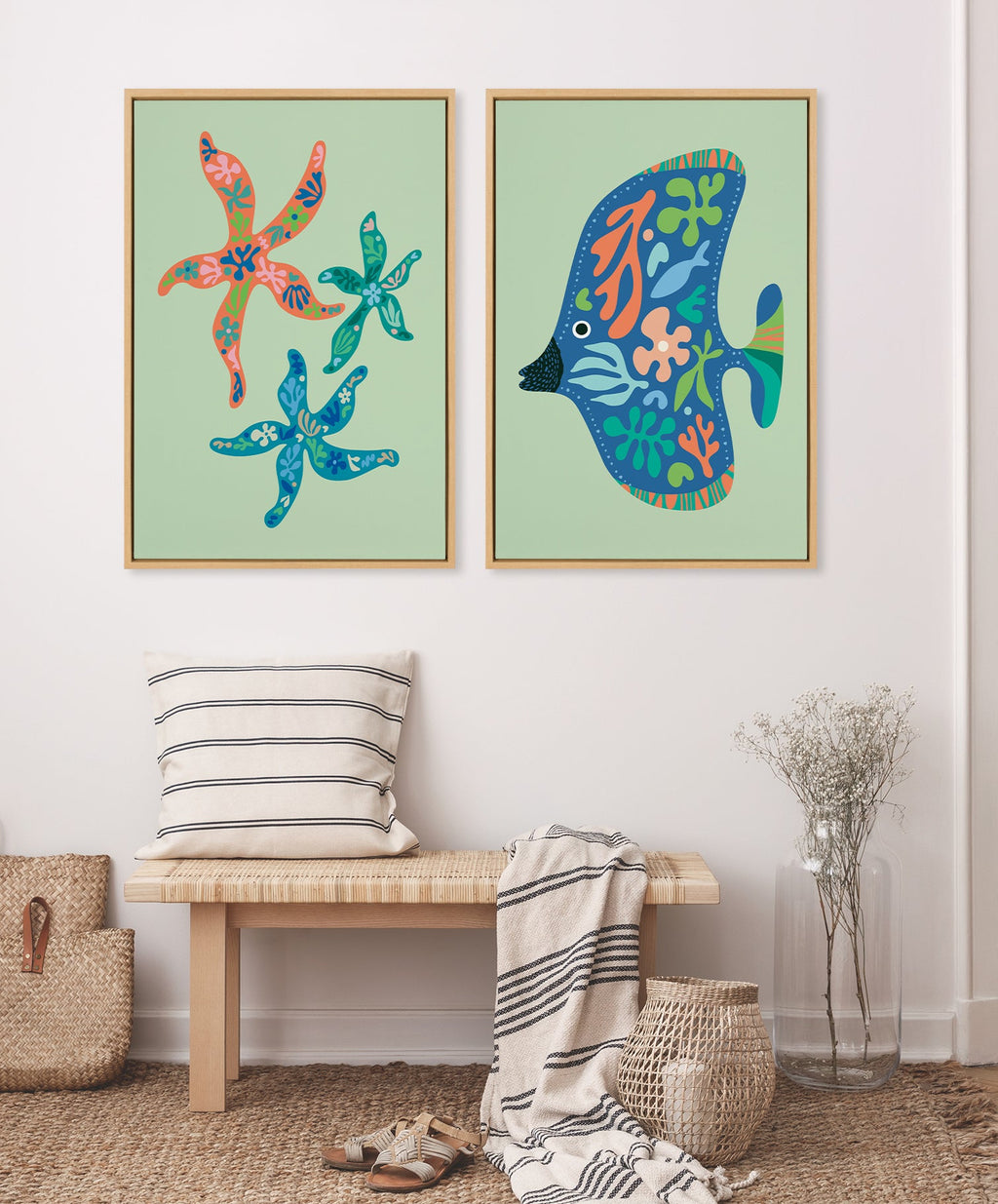 Sylvie Modern Colorful Starfish and Modern Colorful Tropical Fish Framed Canvas Art Set of 2 by Rachel Lee