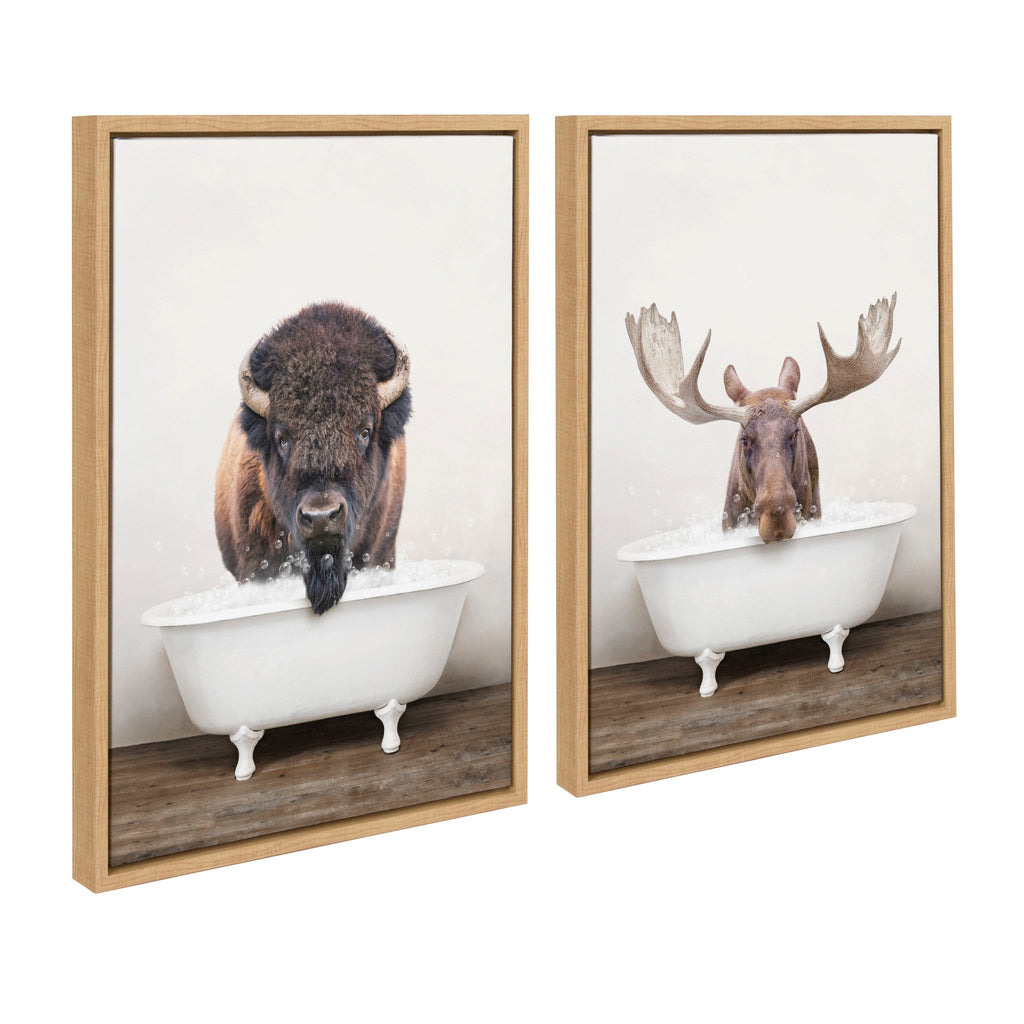 Sylvie Bison Rustic Bubble Bath and Moose Rustic Bubble Bath Framed Canvas Set of 2 by Amy Peterson Art Studio