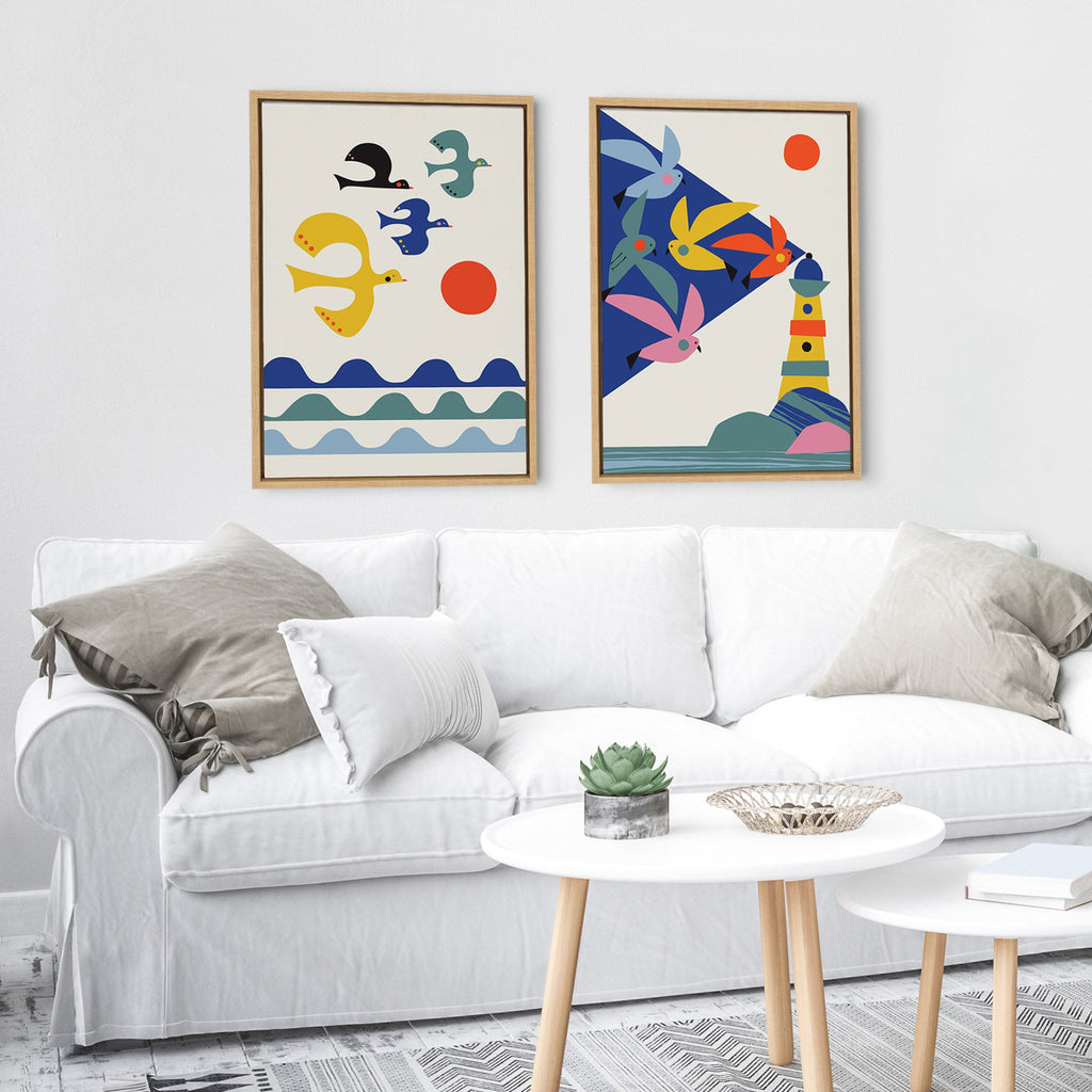 Sylvie Lighthouse Birds and Flock of Birds Framed Canvas Art Set of 2 by Rachel Lee of My Dream Wall