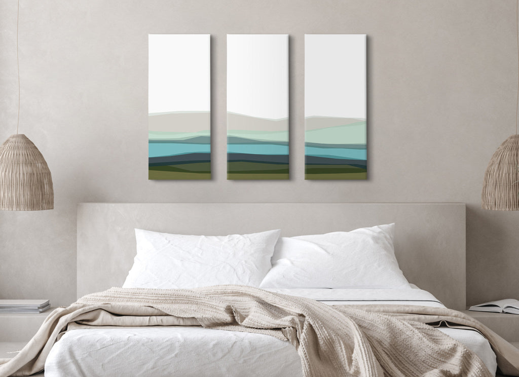 Abstract Blue Lake and Mountains Canvas Art Set of 3 by The Creative Bunch Studio