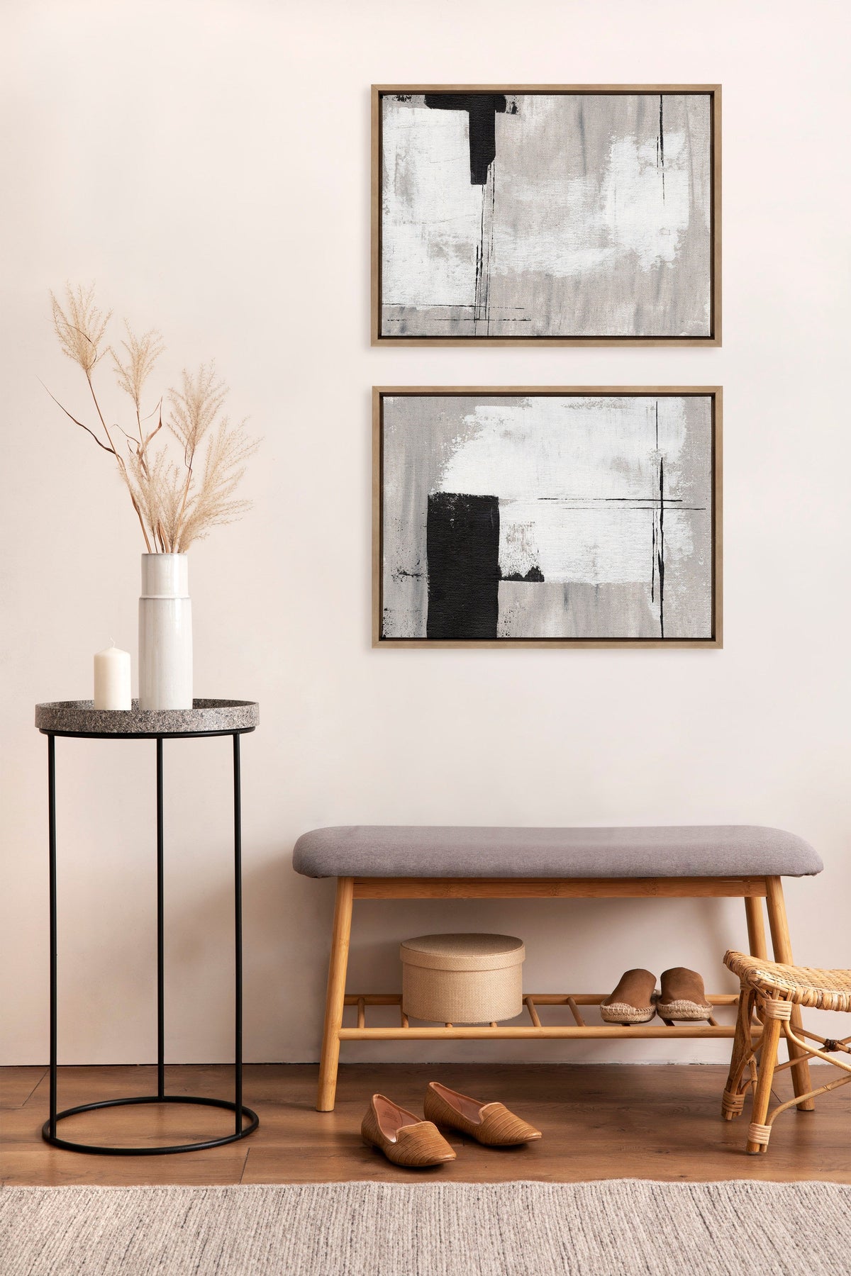 Sylvie Line 1 Left and Right Neutral Linen Framed Canvas Art Set of 2 by Nikita Jariwala