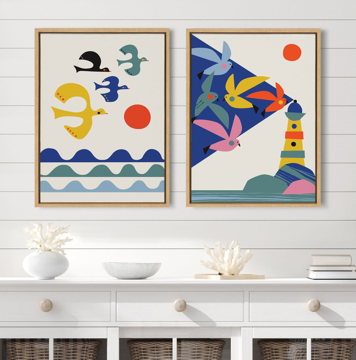 Sylvie Lighthouse Birds and Flock of Birds Framed Canvas Art Set of 2 by Rachel Lee of My Dream Wall