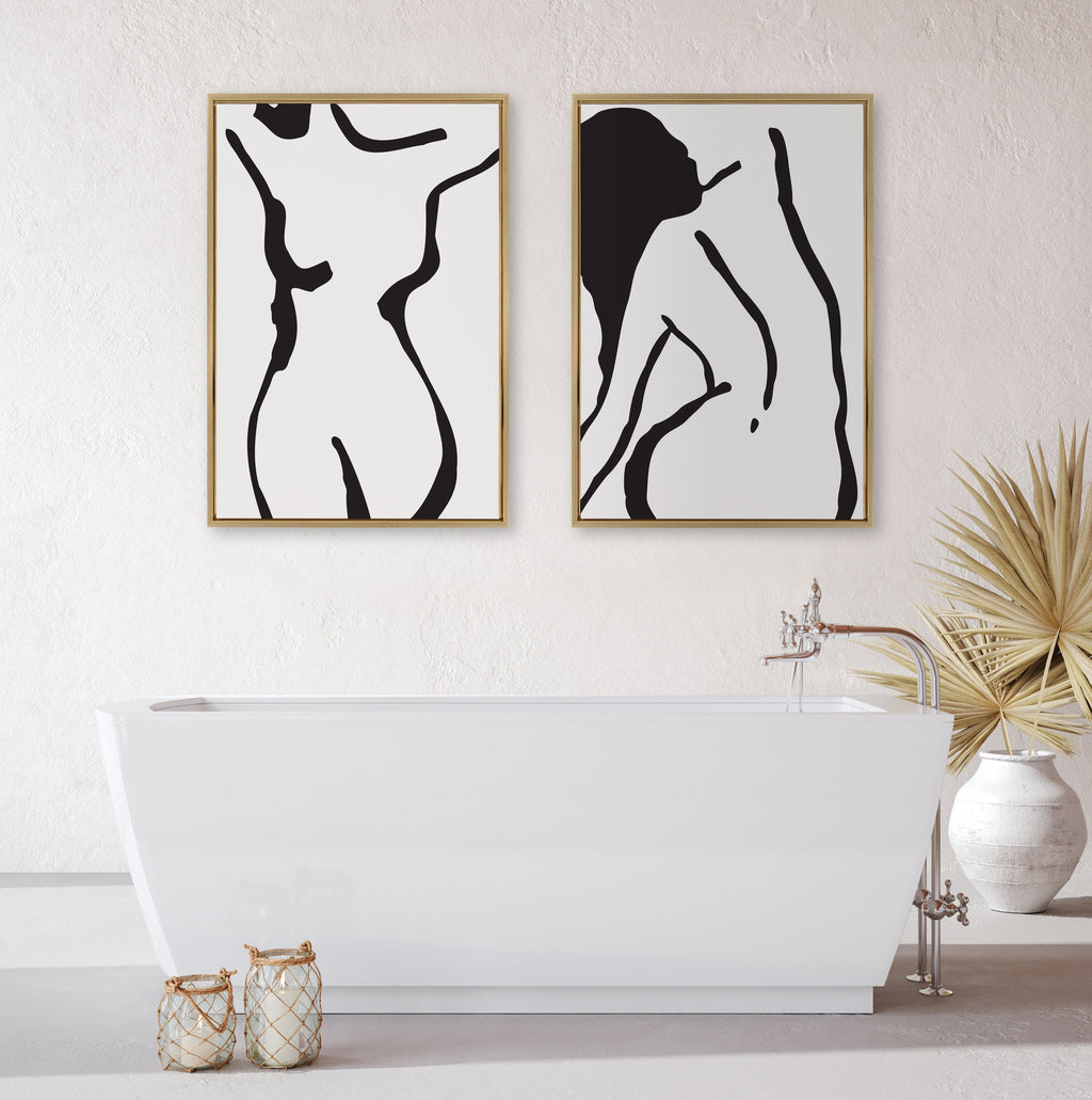 Sylvie Timeless Feminine Figural Drawing 2 Black and White Framed Canvas by The Creative Bunch Studio