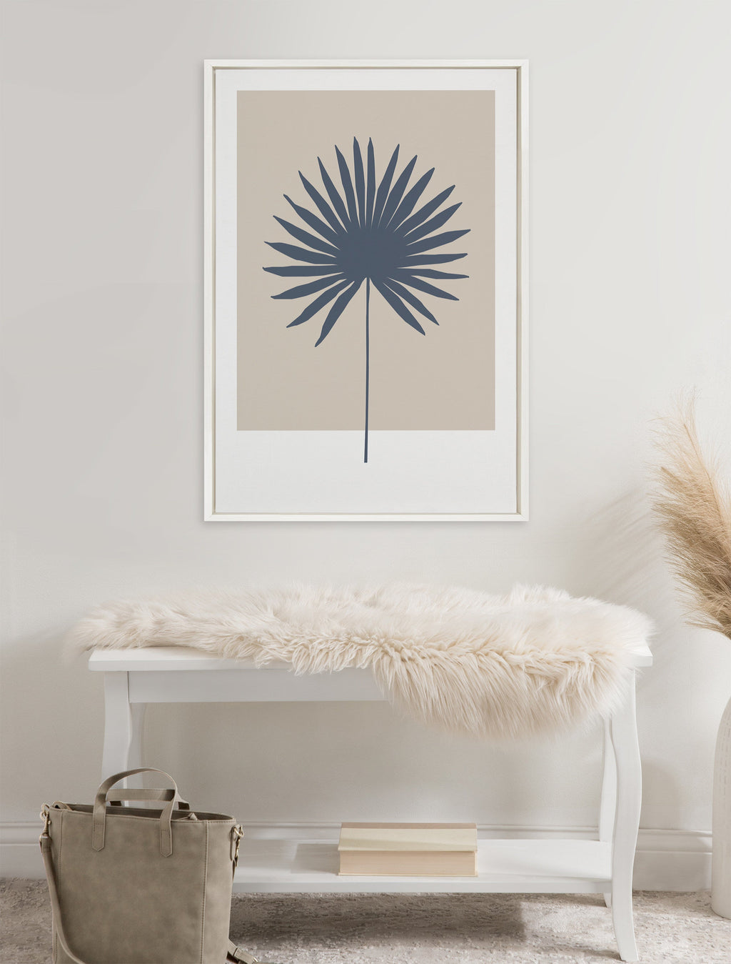 Sylvie Muted Tan and Blue Colorblock Botanical Palm Framed Canvas by The Creative Bunch Studio