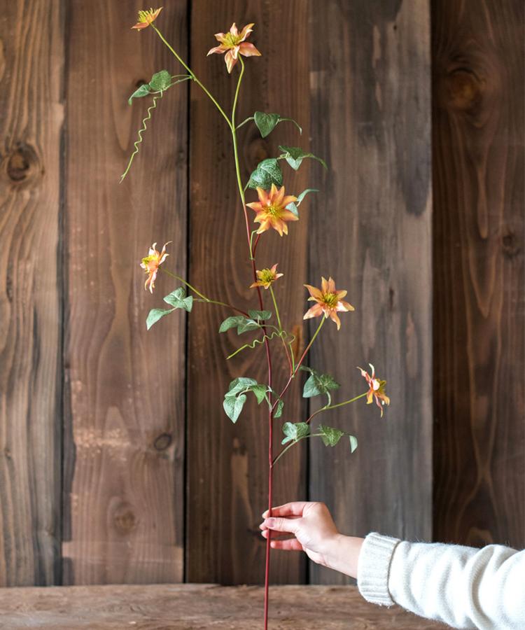 Artificial Silk-Look German Clematis Flower Stem in Orange 40" Tall