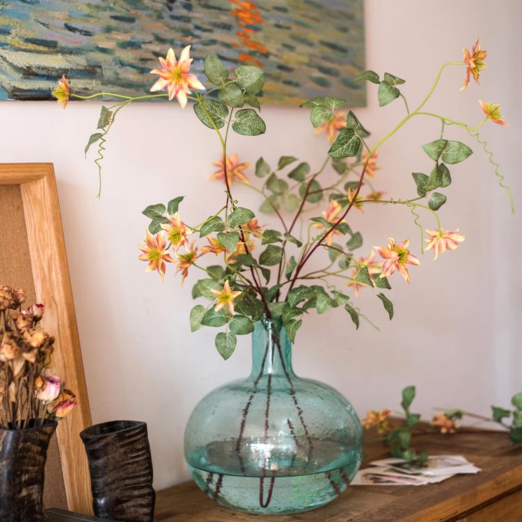 Artificial Silk-Look German Clematis Flower Stem in Orange 40" Tall