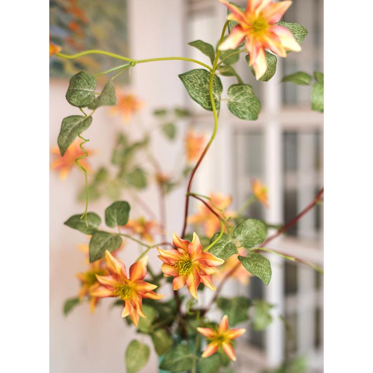 Artificial Silk-Look German Clematis Flower Stem in Orange 40" Tall