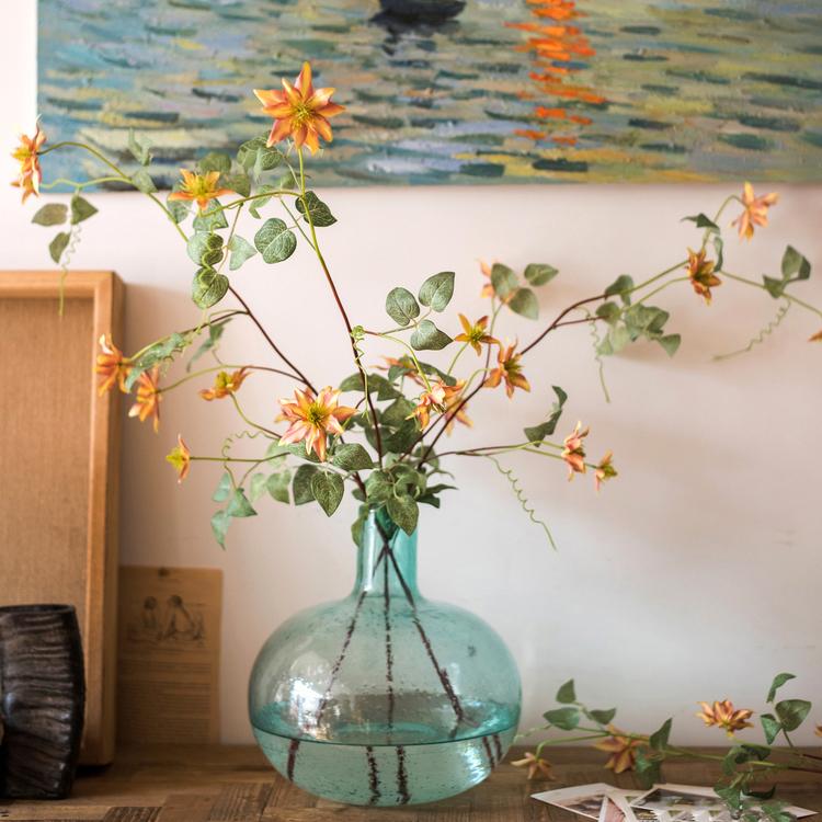 Artificial Silk-Look German Clematis Flower Stem in Orange 40" Tall