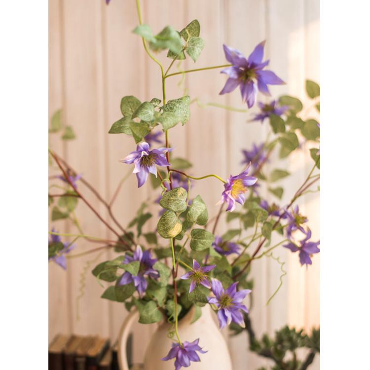 Artificial Silk-Look German Clematis Flower Stem in Purple 40" Tall