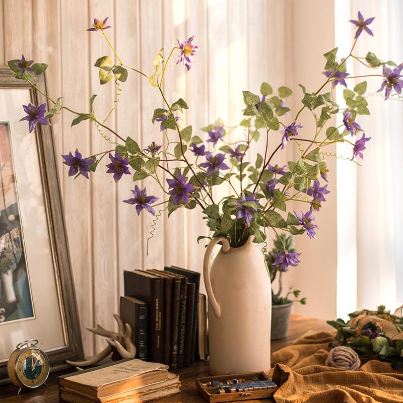 Artificial Silk-Look German Clematis Flower Stem in Purple 40" Tall