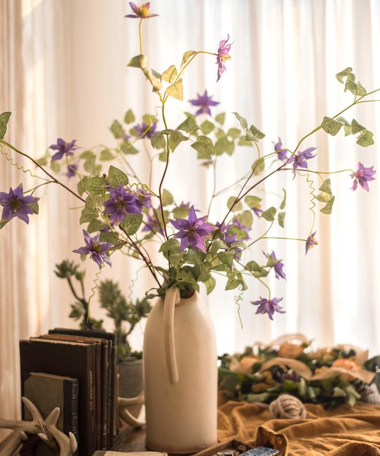 Artificial Silk-Look German Clematis Flower Stem in Purple 40" Tall