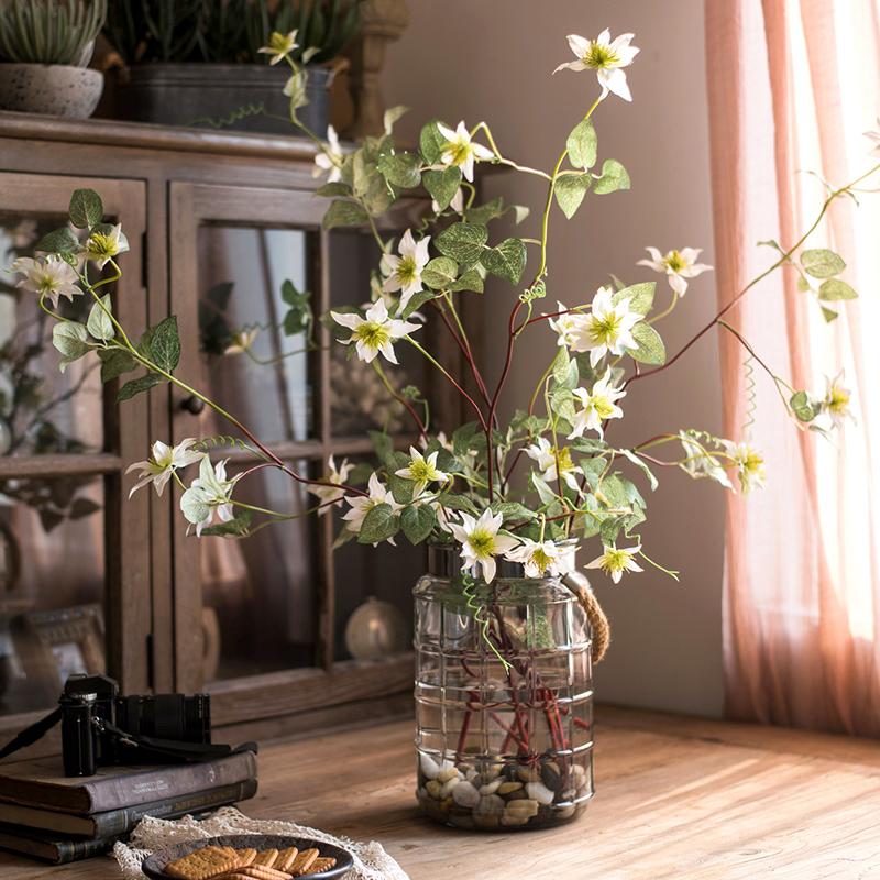 Artificial Silk-Look German Clematis Flower Stem in White 40" Tall