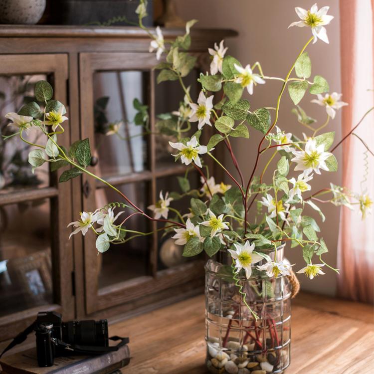 Artificial Silk-Look German Clematis Flower Stem in White 40" Tall