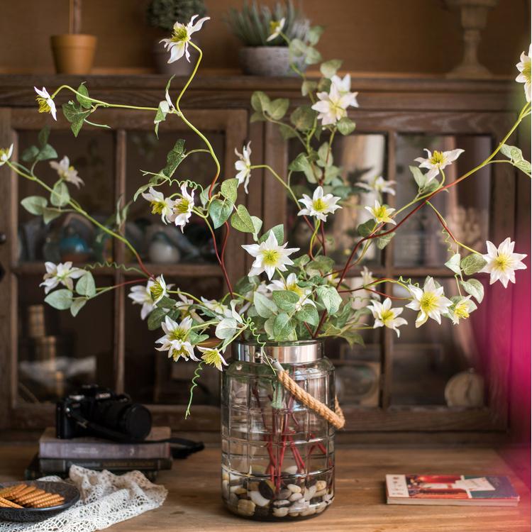 Artificial Silk-Look German Clematis Flower Stem in White 40" Tall