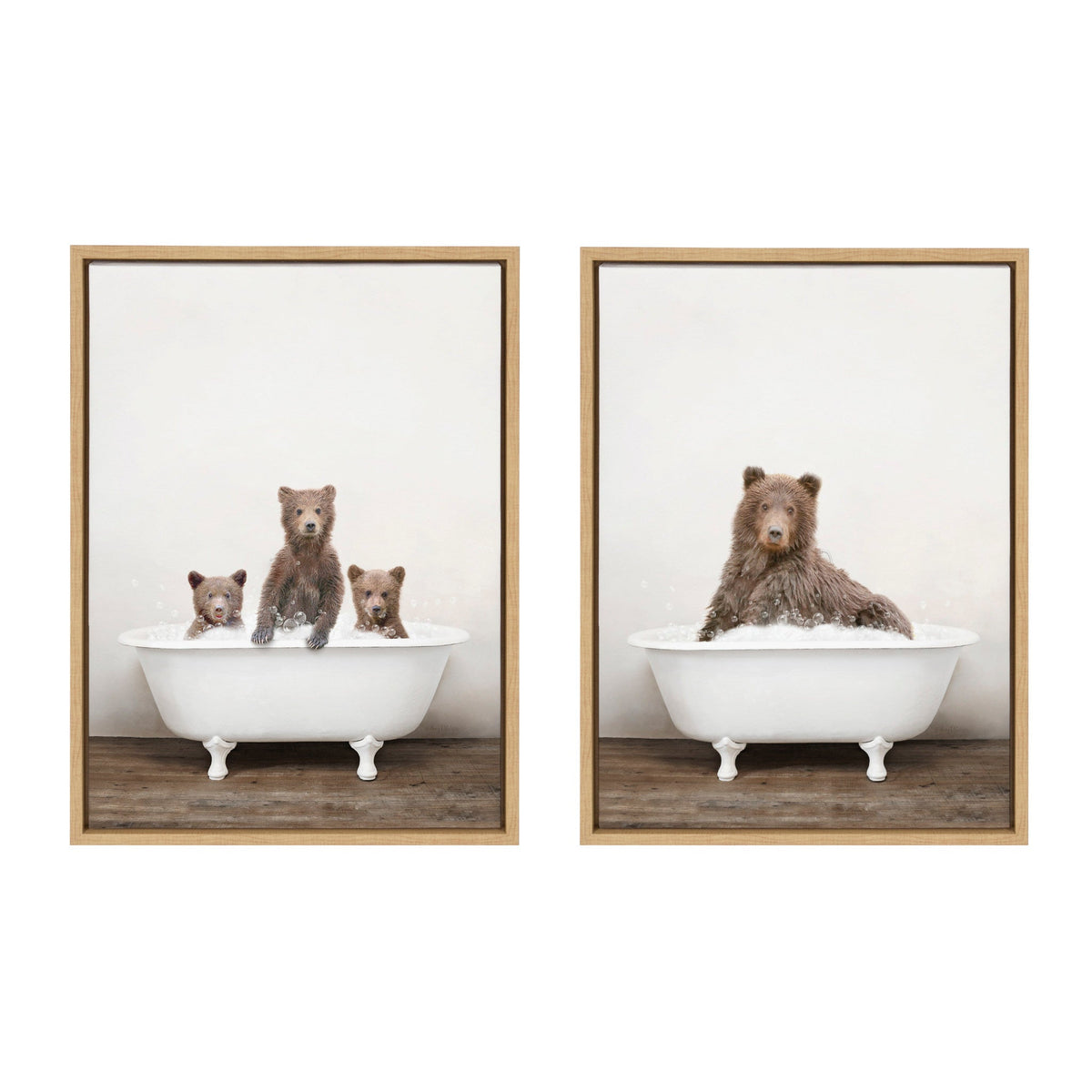 Sylvie Three Bears Rustic Bubble Bath and Bear Rustic Bubble Bath Framed Canvas Set of 2 by Amy Peterson Art Studio