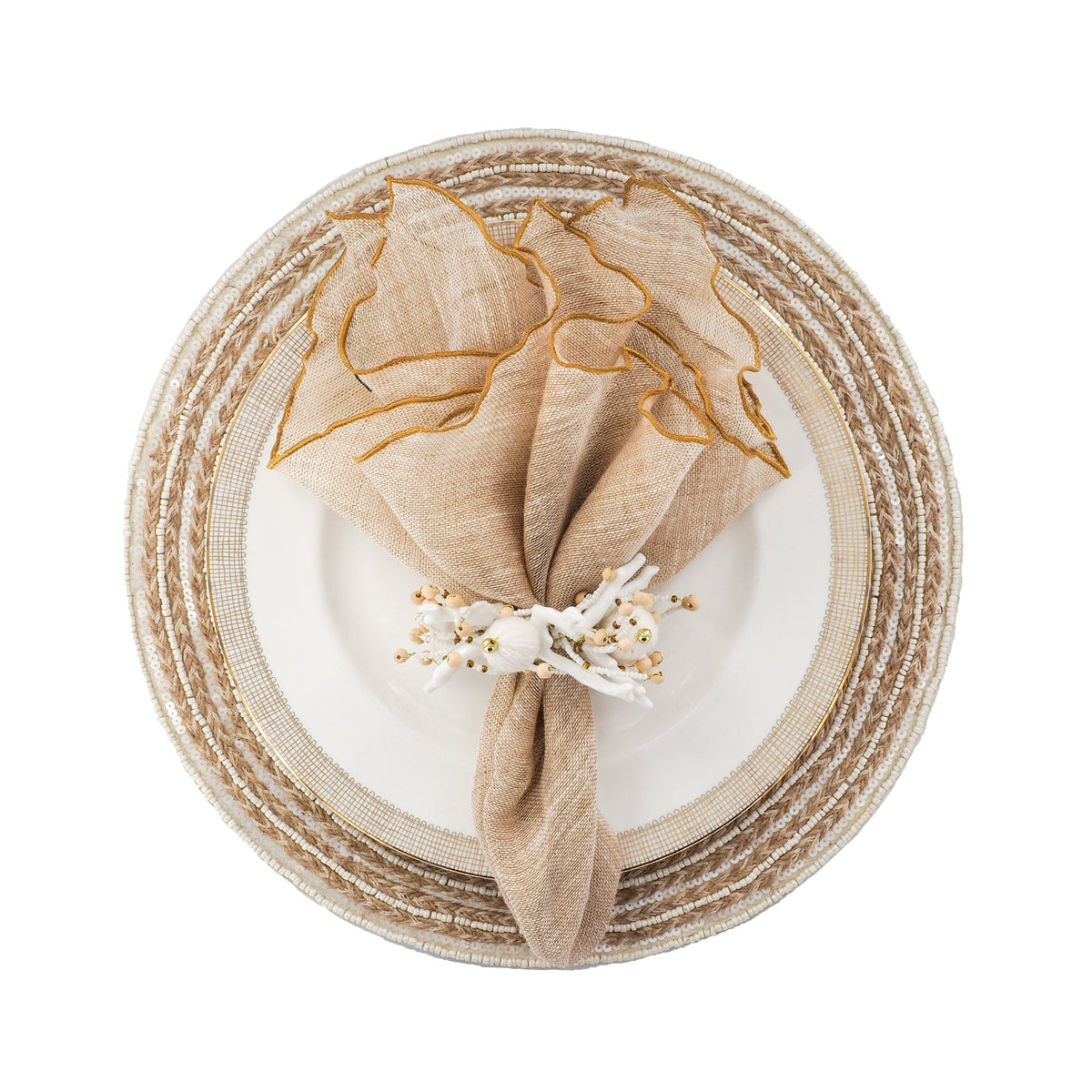 Gold Linen Napkins With Gold Ruffled Edges, Set of 4