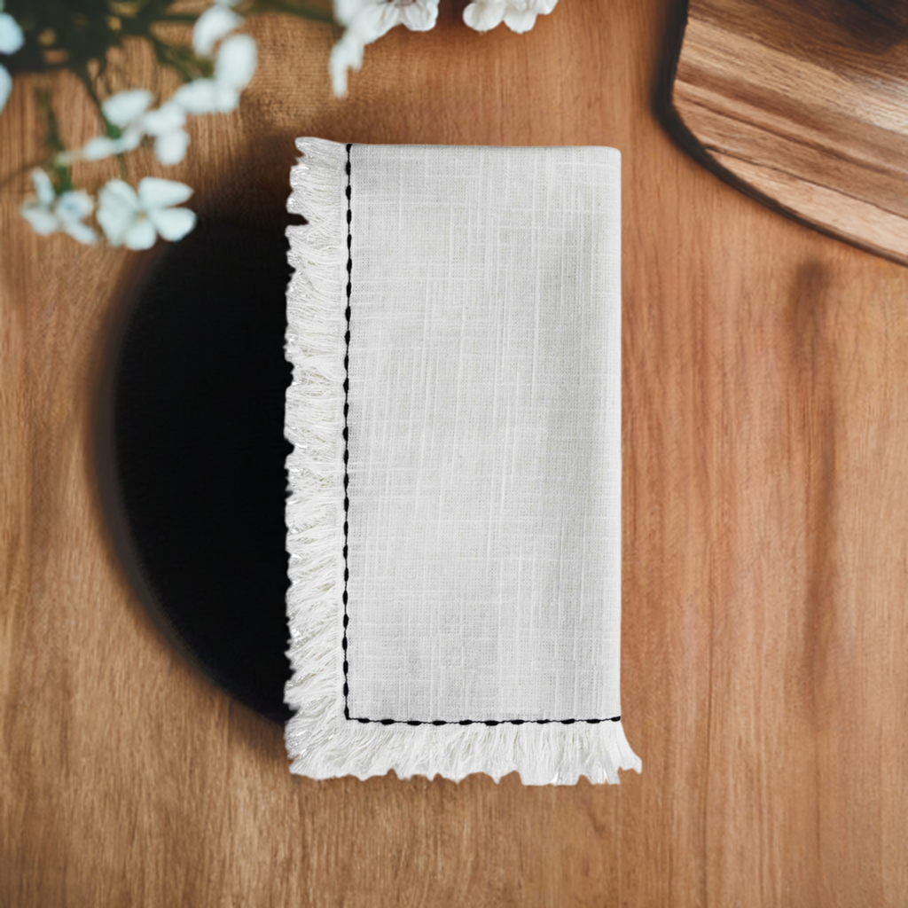 Vibhsa Cotton Table Napkins | Set of 4, Black Embroidery, 20"x20"