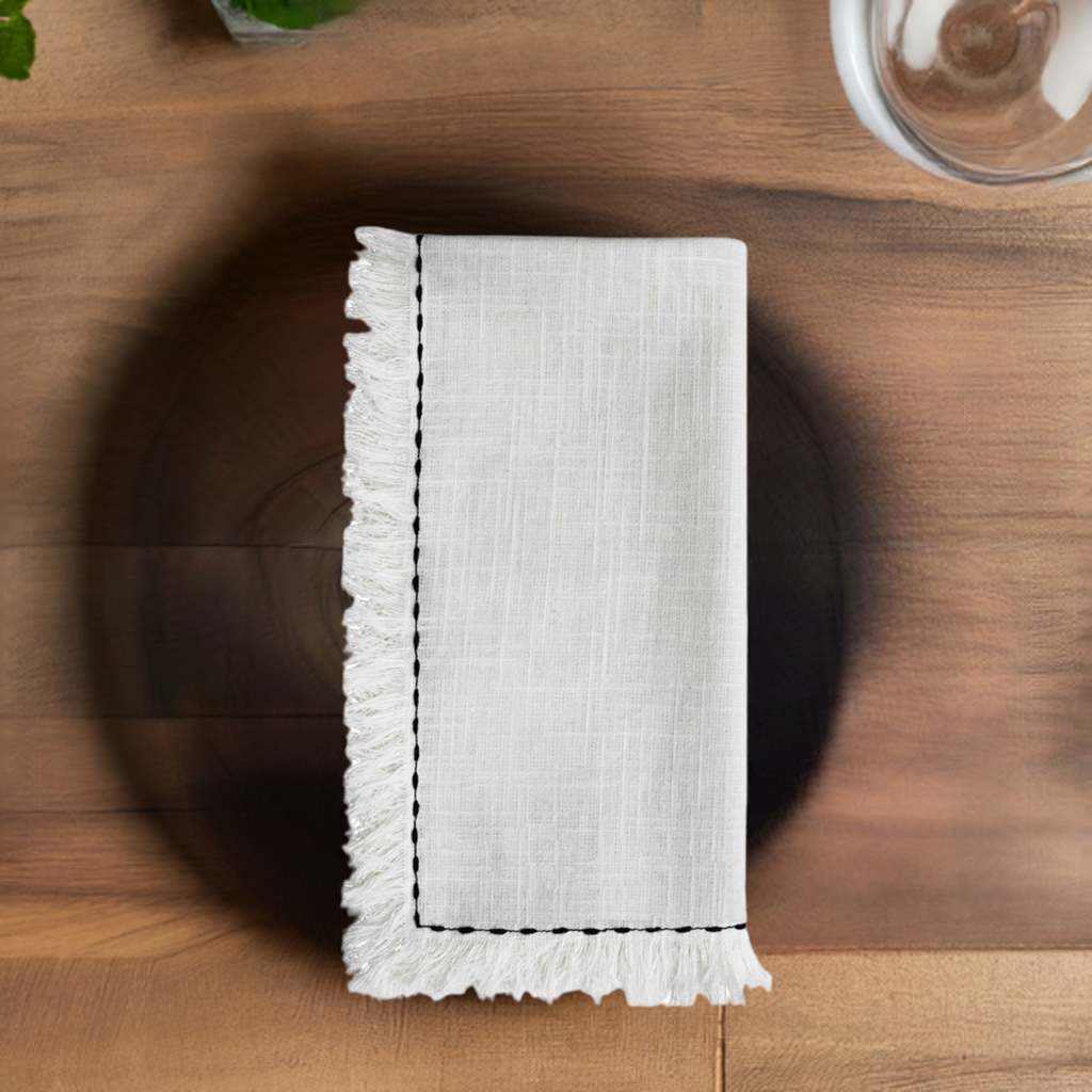 Vibhsa Cotton Table Napkins | Set of 4, Black Embroidery, 20"x20"