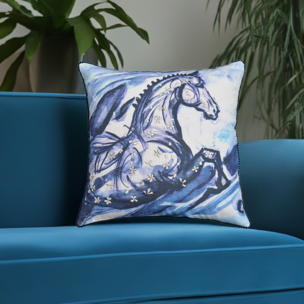 Embroidered 18"x18" Blue Decorative Pillow (Horse)