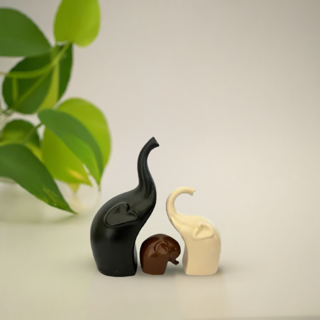 Decorative Elephant Ceramic Figurines set of 3 Black Brown and Off White