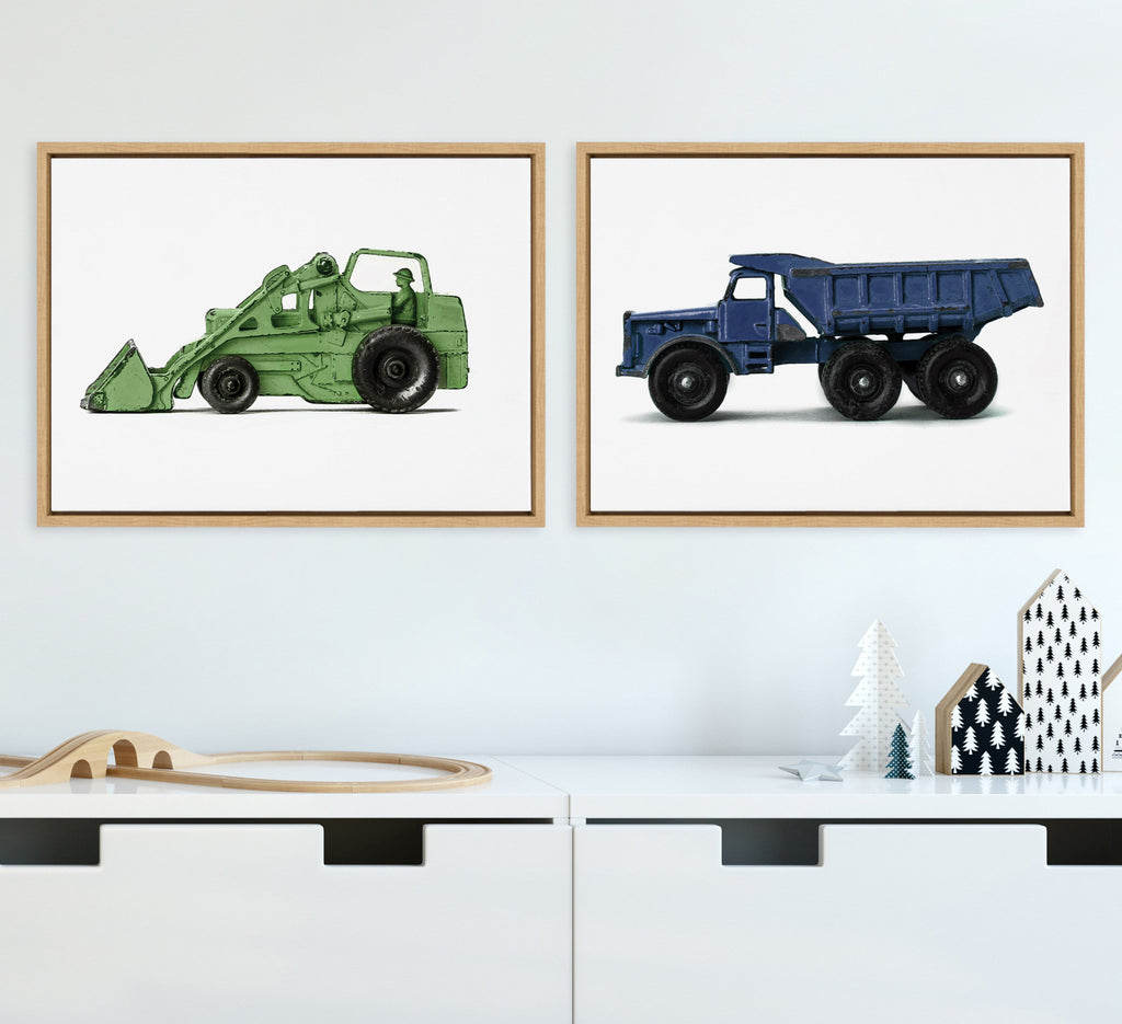 Sylvie Vintage Toy Tractor Green and Vintage Toy Dump Truck Blue Framed Canvas Art Set of 2 by Saint and Sailor Studios