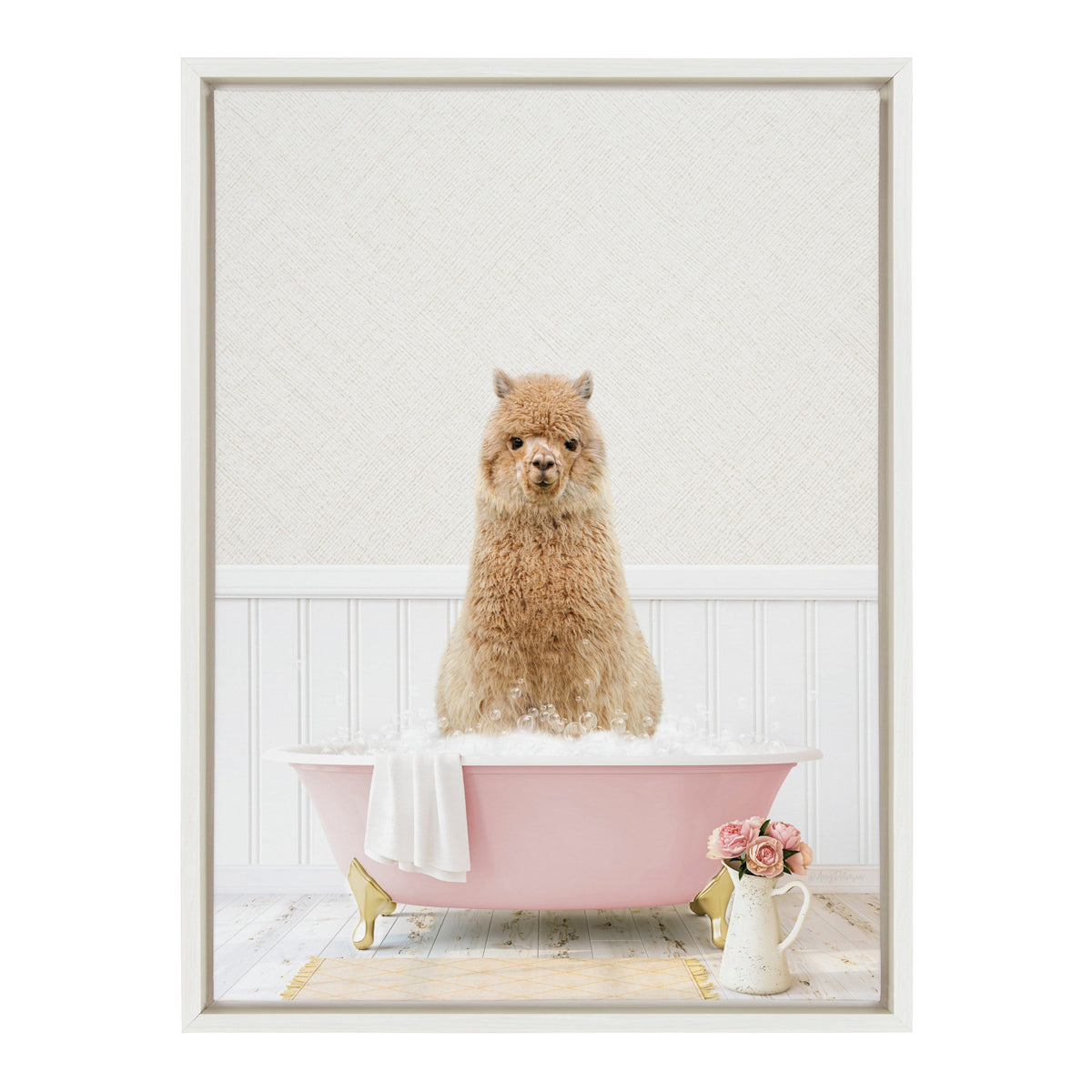 Sylvie Alpaca in Cottage Rose Bath Framed Canvas by Amy Peterson Art Studio