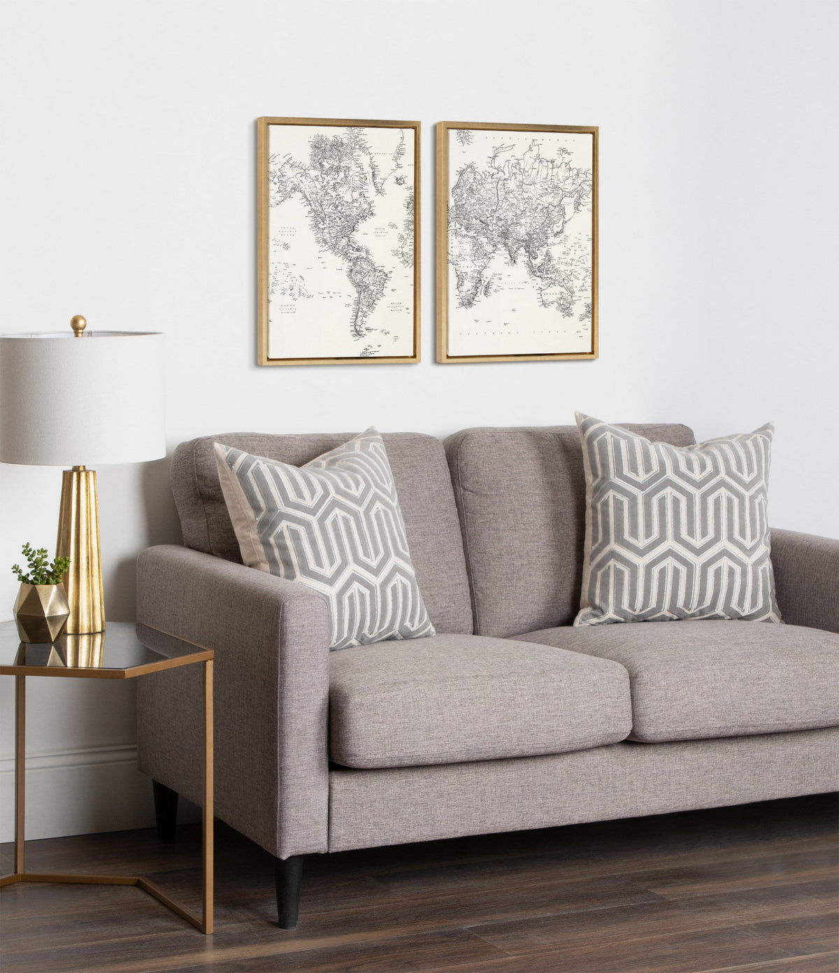 Sylvie Black and White Modern Retro World Map Framed Canvas Set of 2 by The Creative Bunch Studio