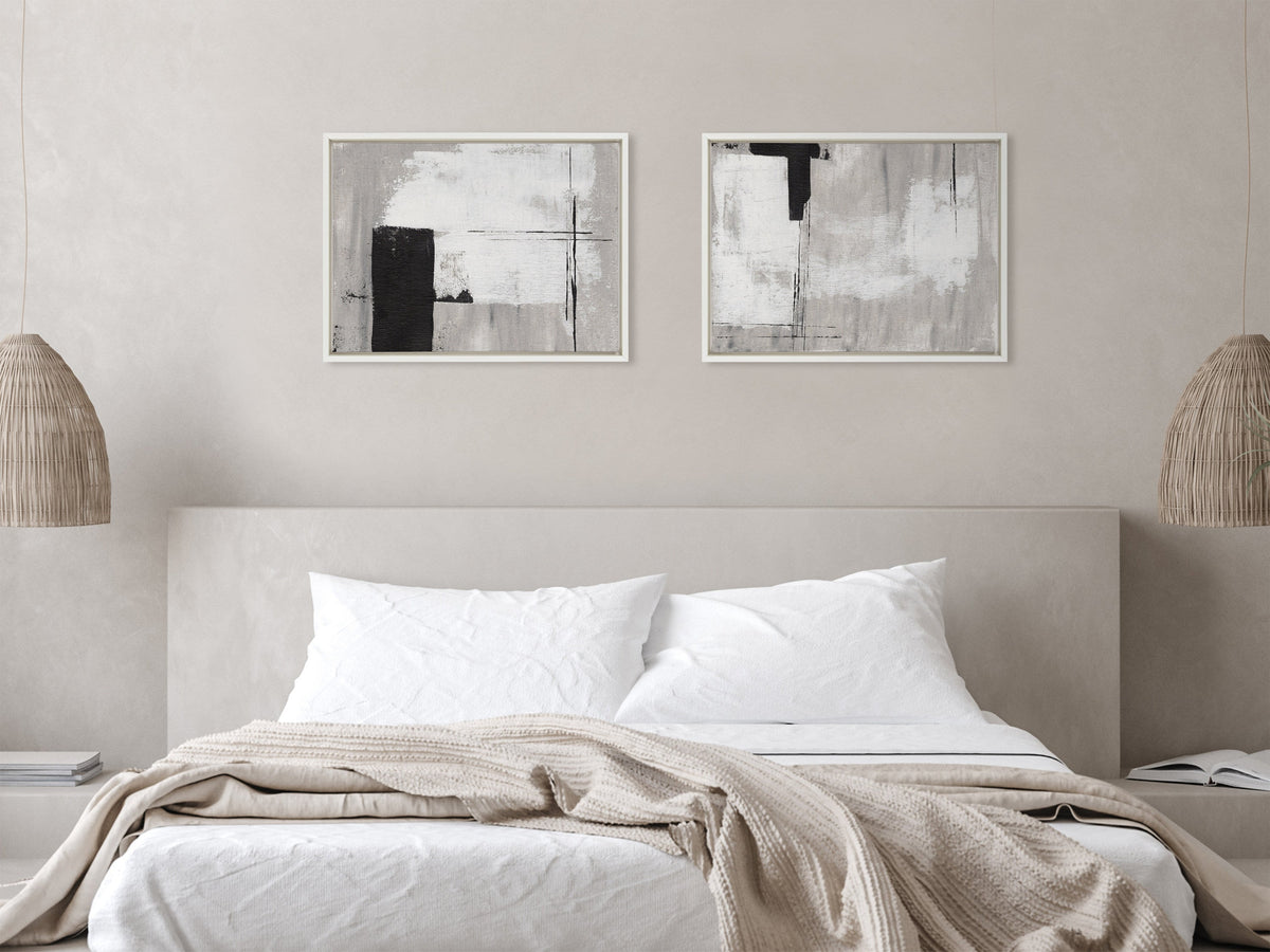 Sylvie Line 1 Left and Right Neutral Linen Framed Canvas Art Set of 2 by Nikita Jariwala