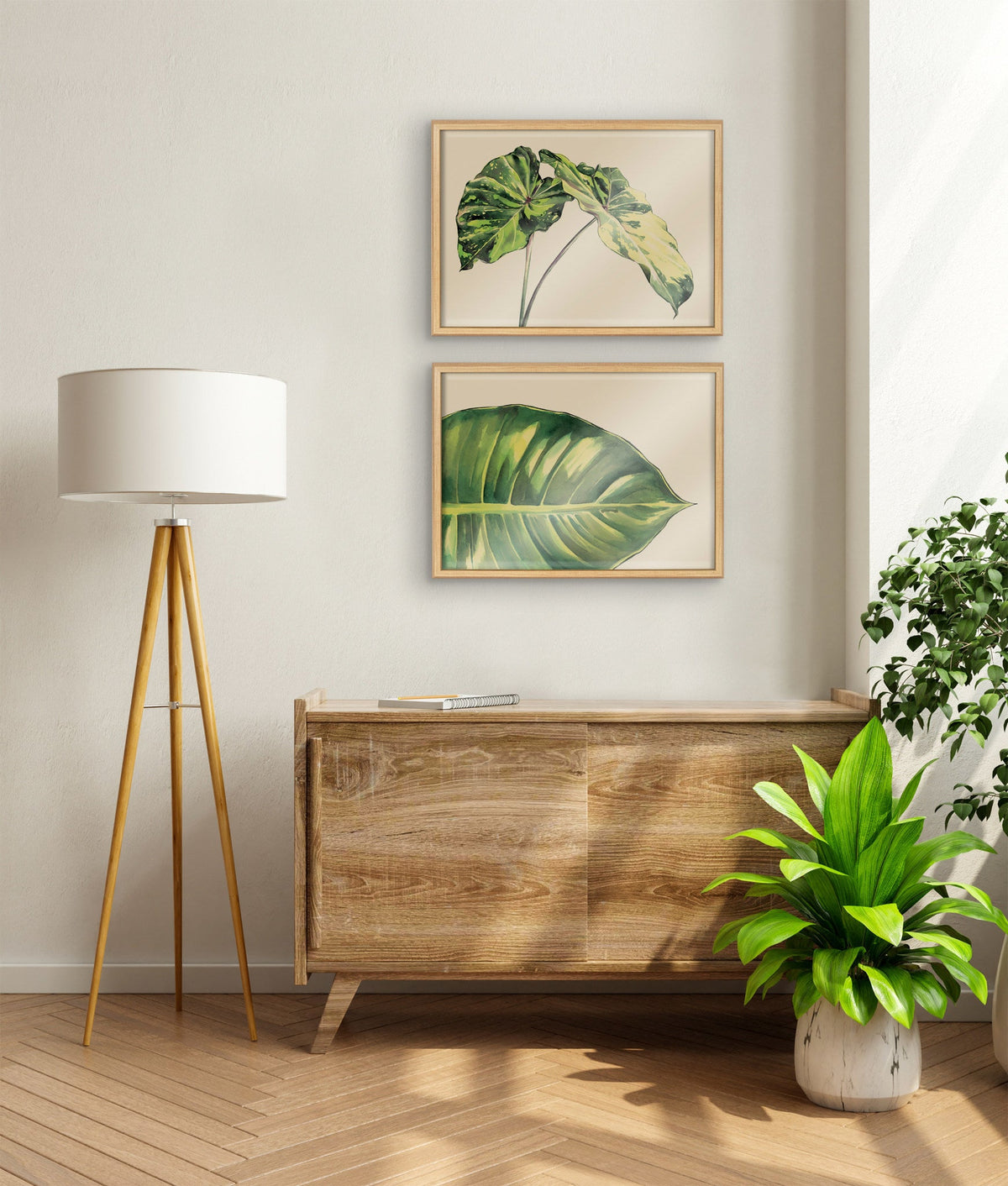 Blake Large Leaf Greener Hue Neutral Framed Printed Glass by Emily Marie Watercolors