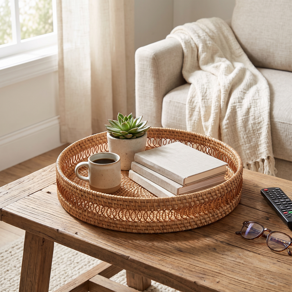 Round Handwoven Rattan Tray