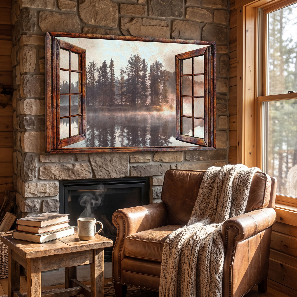 Foggy Autumn Lake View By The Window Canvas Wall Art