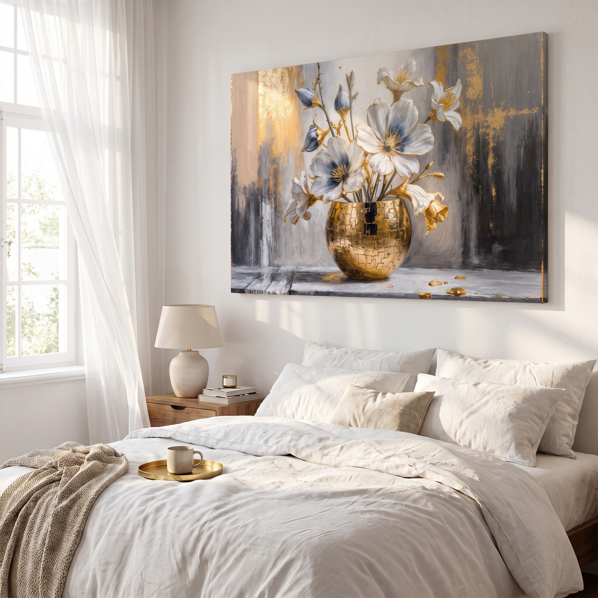 Magnolia Bloom in Gold Abstract Canvas Wall Art, Soft Gold Magnolia Bloom