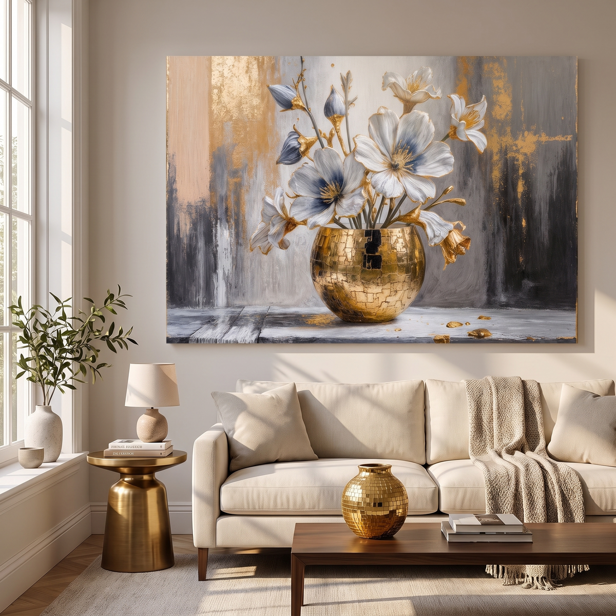 Magnolia Bloom in Gold Abstract Canvas Wall Art, Warm Light for Calm Rooms