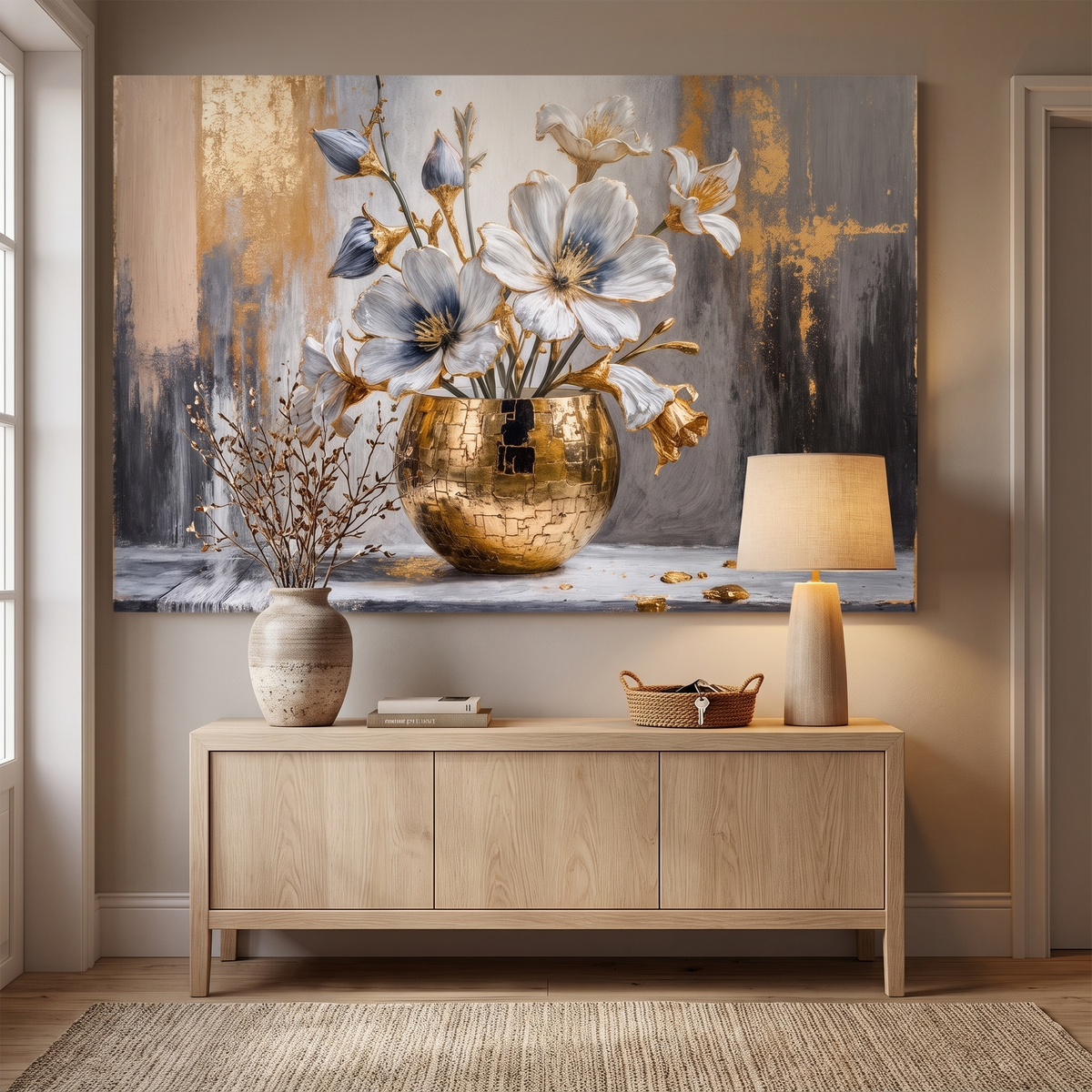 Magnolia Bloom in Gold Abstract Canvas Wall Art, Ready to Hang, Made in USA
