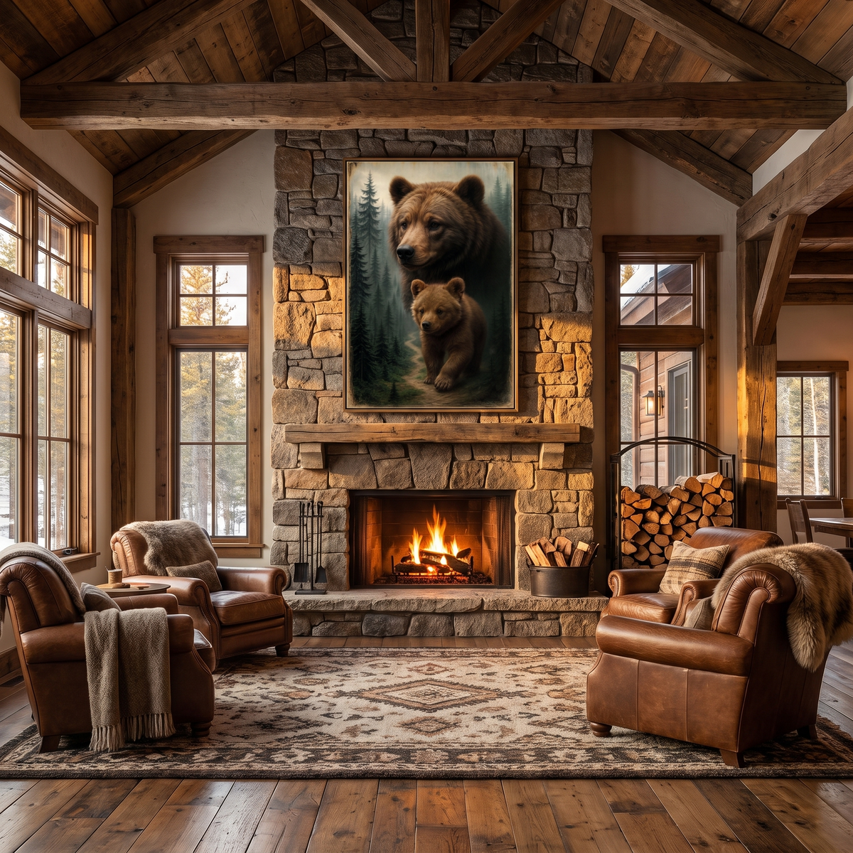 Path of the Wild Kin Bear and Cub Canvas Wall Art, Bear and Cub in the Mist