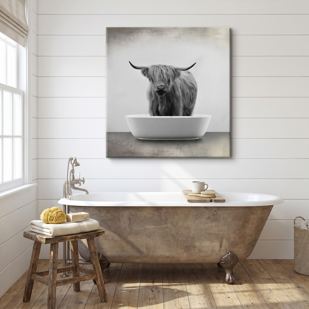 Highland Cattle Bath Canvas Wall Art IV, Farmhouse Charm with Character